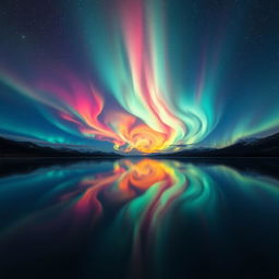 a mesmerizing abstract landscape with vibrant, swirling colors resembling a breathtaking aurora borealis over a calm, reflective lake, stars twinkling in the clear night sky above, a hint of the Milky Way visible on the horizon