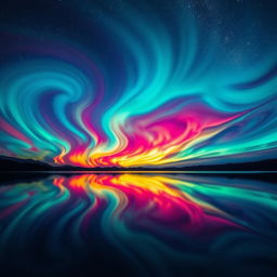 a mesmerizing abstract landscape with vibrant, swirling colors resembling a breathtaking aurora borealis over a calm, reflective lake, stars twinkling in the clear night sky above, a hint of the Milky Way visible on the horizon