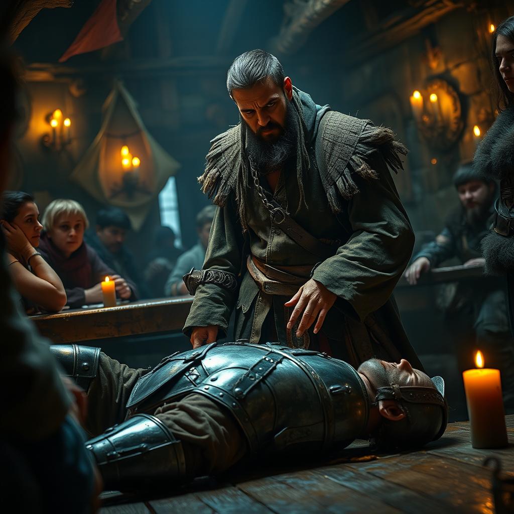 A dramatic scene inside a dimly lit tavern as an evil male pirate with short black hair and a short, pointy beard stands over a defeated medieval guard