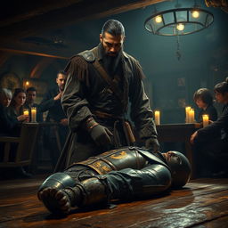 A dramatic scene inside a dimly lit tavern as an evil male pirate with short black hair and a short, pointy beard stands over a defeated medieval guard