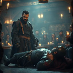 A dramatic scene inside a dimly lit tavern as an evil male pirate with short black hair and a short, pointy beard stands over a defeated medieval guard