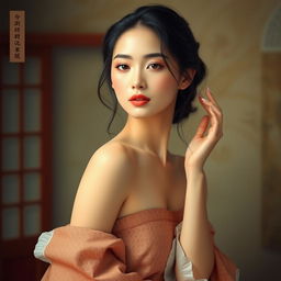 an artistic depiction of an Asian woman, embodying beauty and grace, in a serene and tasteful pose, showcasing the elegance of the human form, portraying the harmony of her features and complexion in a tranquil setting