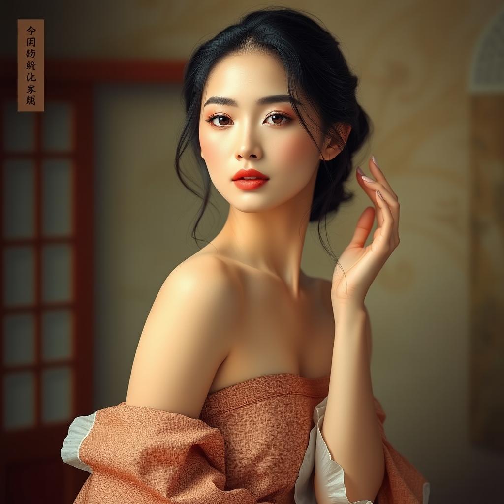 an artistic depiction of an Asian woman, embodying beauty and grace, in a serene and tasteful pose, showcasing the elegance of the human form, portraying the harmony of her features and complexion in a tranquil setting