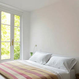 A small, aesthetically pleasing white bedroom with the bed positioned in front of a large window, emitting warmth and a feeling of serenity