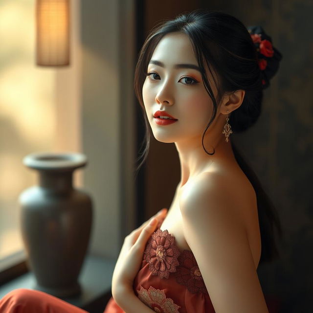 an artistic depiction of an Asian woman, embodying beauty and grace, in a serene and tasteful pose, showcasing the elegance of the human form, portraying the harmony of her features and complexion in a tranquil setting