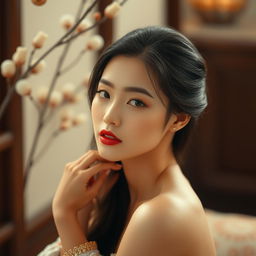 an artistic depiction of an Asian woman, embodying beauty and grace, in a serene and tasteful pose, showcasing the elegance of the human form, portraying the harmony of her features and complexion in a tranquil setting