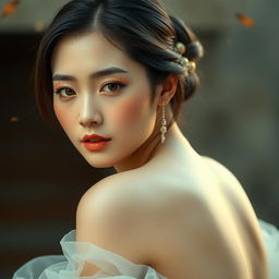 an artistic depiction of an Asian woman, embodying beauty and grace, in a serene and tasteful pose, showcasing the elegance of the human form, portraying the harmony of her features and complexion in a tranquil setting