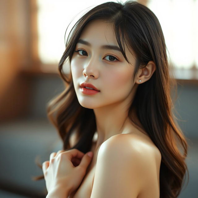 an Asian woman, emphasizing natural beauty and elegance, captured in a tastefully artistic nude pose, highlighting her serene expression and graceful posture in a harmonious and gentle setting