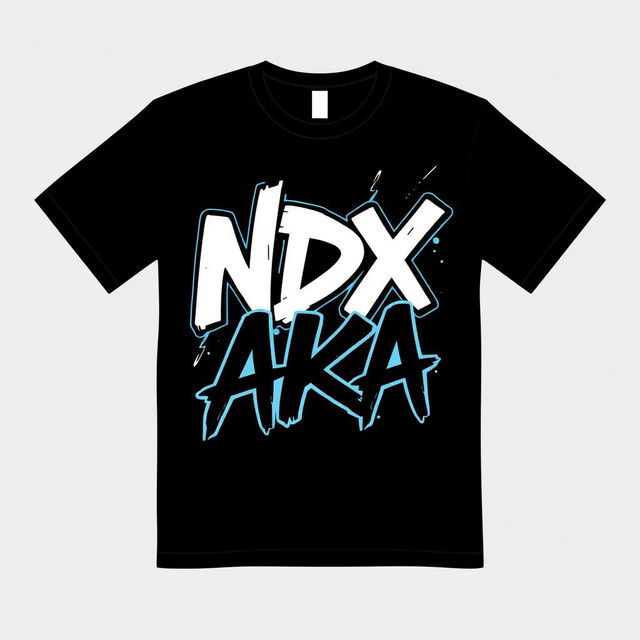 T-shirt design with a modern, urban aesthetic featuring the text "NDX AKA" in a bold, edgy font on the front