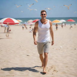 A fit man in casual beach attire, enjoying the summer sun and sand on a lively beach teeming with parasols and playful seagulls.