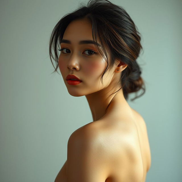 an artistic portrayal of an Asian woman, celebrating natural beauty and grace, fully nude but captured in a tasteful and elegant manner, highlighting the harmony of her form and serene expression in a softly lit setting