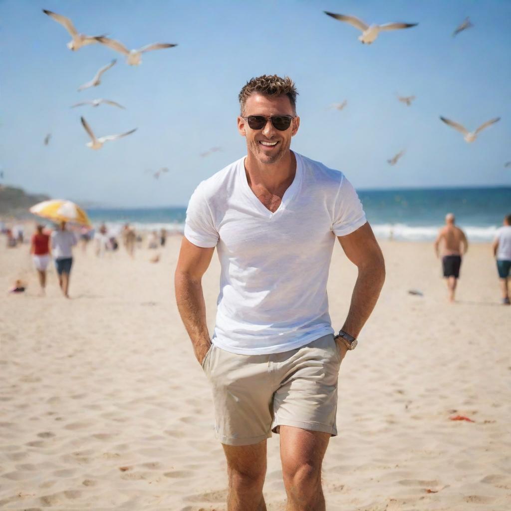 A fit man in casual beach attire, enjoying the summer sun and sand on a lively beach teeming with parasols and playful seagulls.