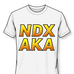 Front design of a T-shirt featuring the text 'NDX AKA' in bold, golden yellow color