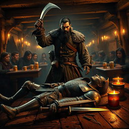 An evil male pirate with short black hair and a short, pointy beard, clad in a rugged, weathered outfit, standing triumphantly in a dimly lit tavern after a dramatic battle