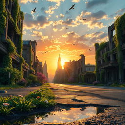 A beautiful post-apocalyptic city with overgrown nature reclaiming the streets, vibrant green vines wrapping around the ruins, and flowers blooming through the cracks in the asphalt