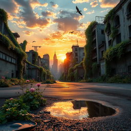 A beautiful post-apocalyptic city with overgrown nature reclaiming the streets, vibrant green vines wrapping around the ruins, and flowers blooming through the cracks in the asphalt