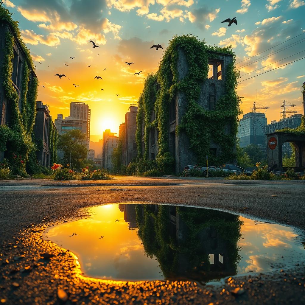 A beautiful post-apocalyptic city with overgrown nature reclaiming the streets, vibrant green vines wrapping around the ruins, and flowers blooming through the cracks in the asphalt