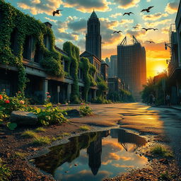 A beautiful post-apocalyptic city with overgrown nature reclaiming the streets, vibrant green vines wrapping around the ruins, and flowers blooming through the cracks in the asphalt