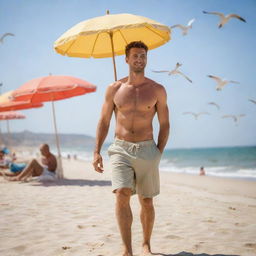 A fit man in casual beach attire, enjoying the summer sun and sand on a lively beach teeming with parasols and playful seagulls.