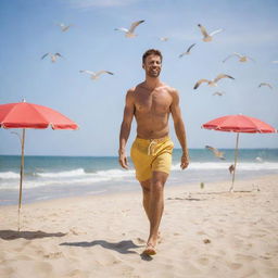 A fit man in casual beach attire, enjoying the summer sun and sand on a lively beach teeming with parasols and playful seagulls.