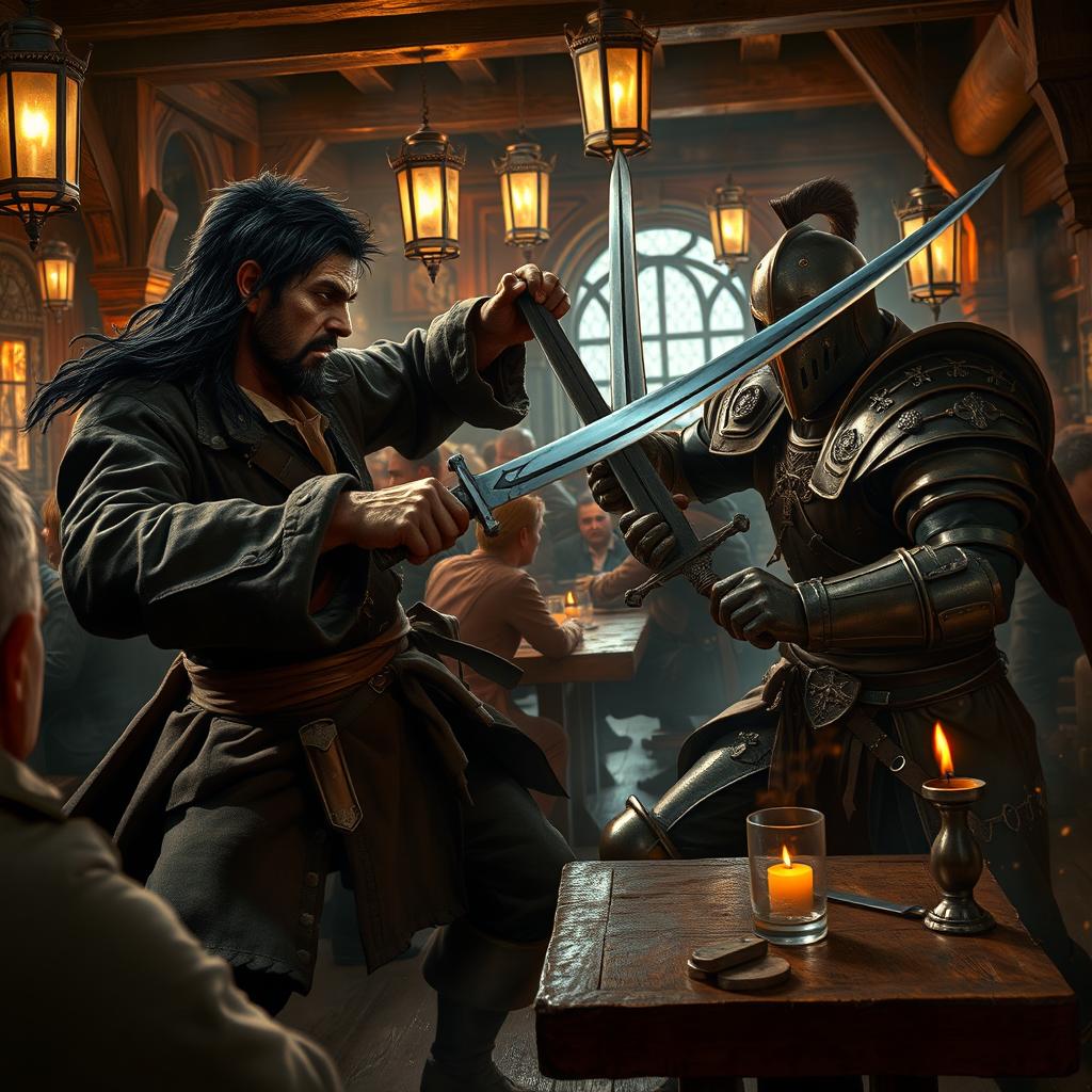 A fierce battle scene inside a bustling tavern, featuring an evil male pirate with short black hair and a short, pointy beard, engaged in combat with a medieval guard captain