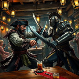 A fierce battle scene inside a bustling tavern, featuring an evil male pirate with short black hair and a short, pointy beard, engaged in combat with a medieval guard captain