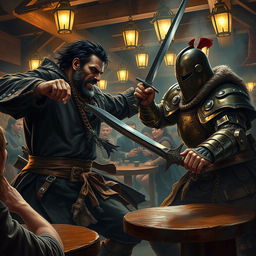 A fierce battle scene inside a bustling tavern, featuring an evil male pirate with short black hair and a short, pointy beard, engaged in combat with a medieval guard captain