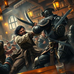 A fierce battle scene inside a bustling tavern, featuring an evil male pirate with short black hair and a short, pointy beard, engaged in combat with a medieval guard captain