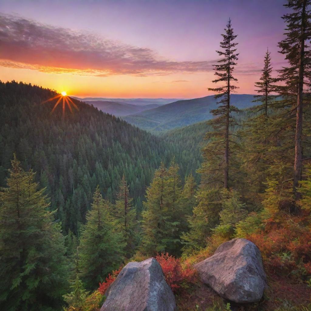 A serene landscape with a vibrant sunset overlooking a dense, calm forest.