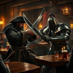 An intense and action-packed scene set in a tavern, showcasing an evil male pirate with short black hair and a sharp, pointy beard clashing swords with a medieval guard captain