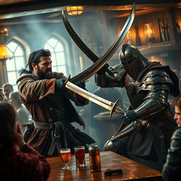 An intense and action-packed scene set in a tavern, showcasing an evil male pirate with short black hair and a sharp, pointy beard clashing swords with a medieval guard captain