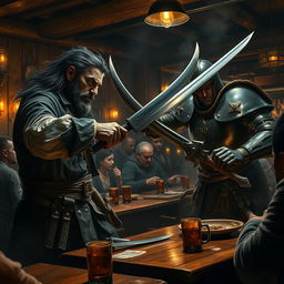 An intense and action-packed scene set in a tavern, showcasing an evil male pirate with short black hair and a sharp, pointy beard clashing swords with a medieval guard captain