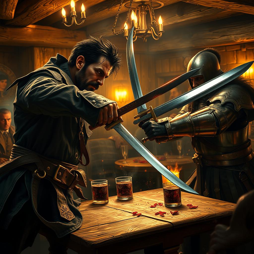 An intense and action-packed scene set in a tavern, showcasing an evil male pirate with short black hair and a sharp, pointy beard clashing swords with a medieval guard captain