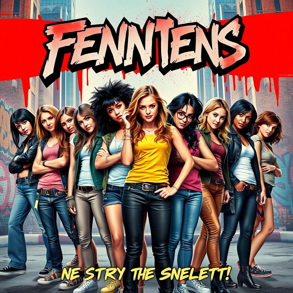 A dynamic and eye-catching movie poster featuring a diverse group of confident and rebellious teenagers standing together with fierce expressions