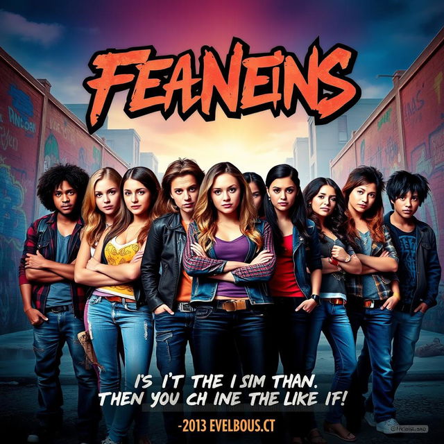 A dynamic and eye-catching movie poster featuring a diverse group of confident and rebellious teenagers standing together with fierce expressions