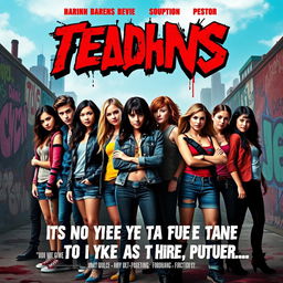 A dynamic and eye-catching movie poster featuring a diverse group of confident and rebellious teenagers standing together with fierce expressions