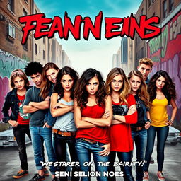 A dynamic and eye-catching movie poster featuring a diverse group of confident and rebellious teenagers standing together with fierce expressions