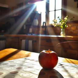 An apple placed on a table, with beams of sunlight streaming through a nearby window, casting shadows and light reflections on the table surface