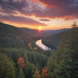 A serene landscape with a vibrant sunset overlooking a dense, calm forest.