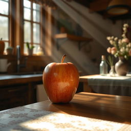 An apple placed on a table, with beams of sunlight streaming through a nearby window, casting shadows and light reflections on the table surface