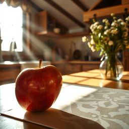 An apple placed on a table, with beams of sunlight streaming through a nearby window, casting shadows and light reflections on the table surface