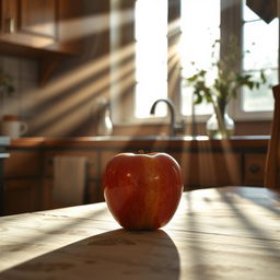 An apple placed on a table, with beams of sunlight streaming through a nearby window, casting shadows and light reflections on the table surface