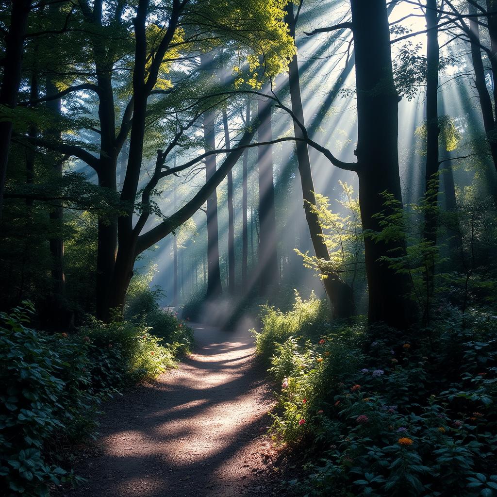 A mysterious forest pathway illuminated by dappled sunlight breaking through the canopy
