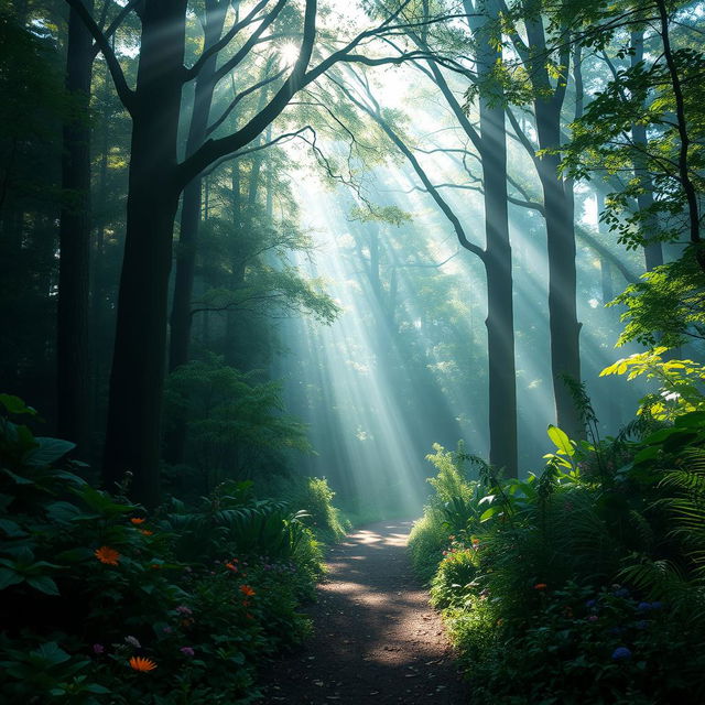 A mysterious forest pathway illuminated by dappled sunlight breaking through the canopy