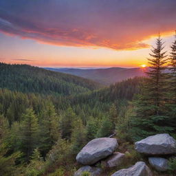 A serene landscape with a vibrant sunset overlooking a dense, calm forest.