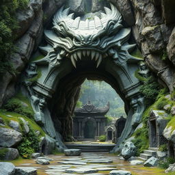 A mystical cave entrance designed as the open mouth of a magnificent stone dragon, with intricately carved scales and fierce eyes