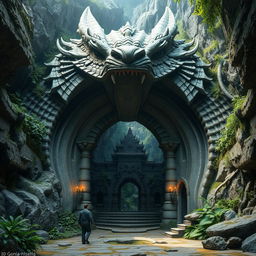 A mystical cave entrance designed as the open mouth of a magnificent stone dragon, with intricately carved scales and fierce eyes