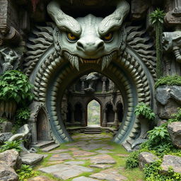 A mystical cave entrance designed as the open mouth of a magnificent stone dragon, with intricately carved scales and fierce eyes