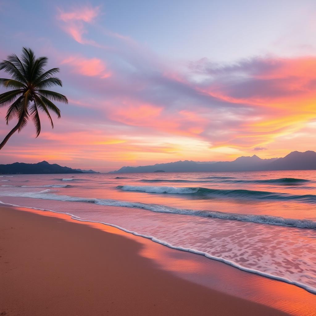 Create an image of a serene beach at sunrise, with soft waves gently lapping against the shoreline