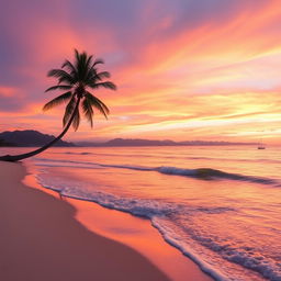 Create an image of a serene beach at sunrise, with soft waves gently lapping against the shoreline